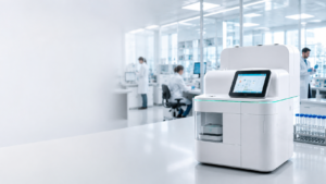 Imagem horizontal conceitual de laboratório moderno com equipamento diagnóstico para ilustrar case da Presto sobre transformação de imagens técnicas em comunicação visual.